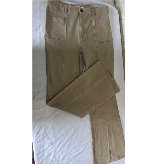 HYFVE Size Large tan slight bell bottom pants stretch see slit on bottoms decor - Picture 2 of 14